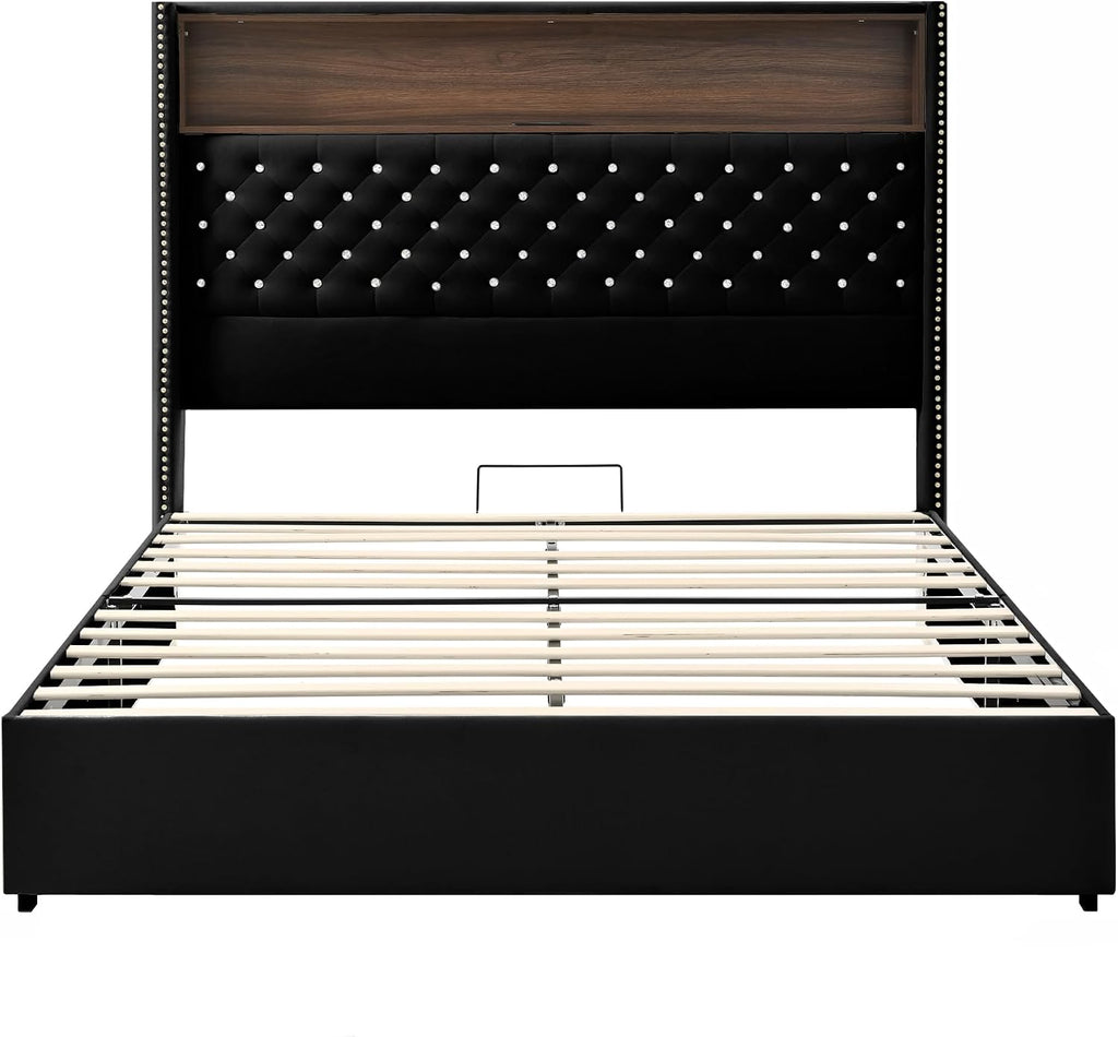 Queen Size Bed Frame with Storage, Velvet Tufted Soft Bed Frame with 52'' High Headboard with Rivet Decoration, Wing-back Platform Bed with Headboard Shelf, No Box Spring Needed (Black,Queen,42)