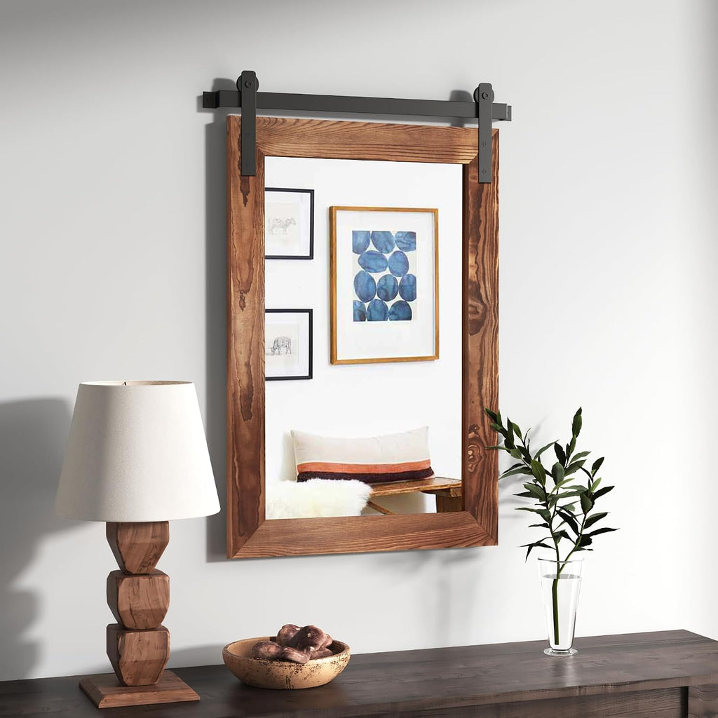 COGOOD Farmhouse Barn Door Wall Mirror - 25' X 38' Rustic Wood Framed Mirror for Bathroom, Living Room, Entryway Wall Decorative (Brown)