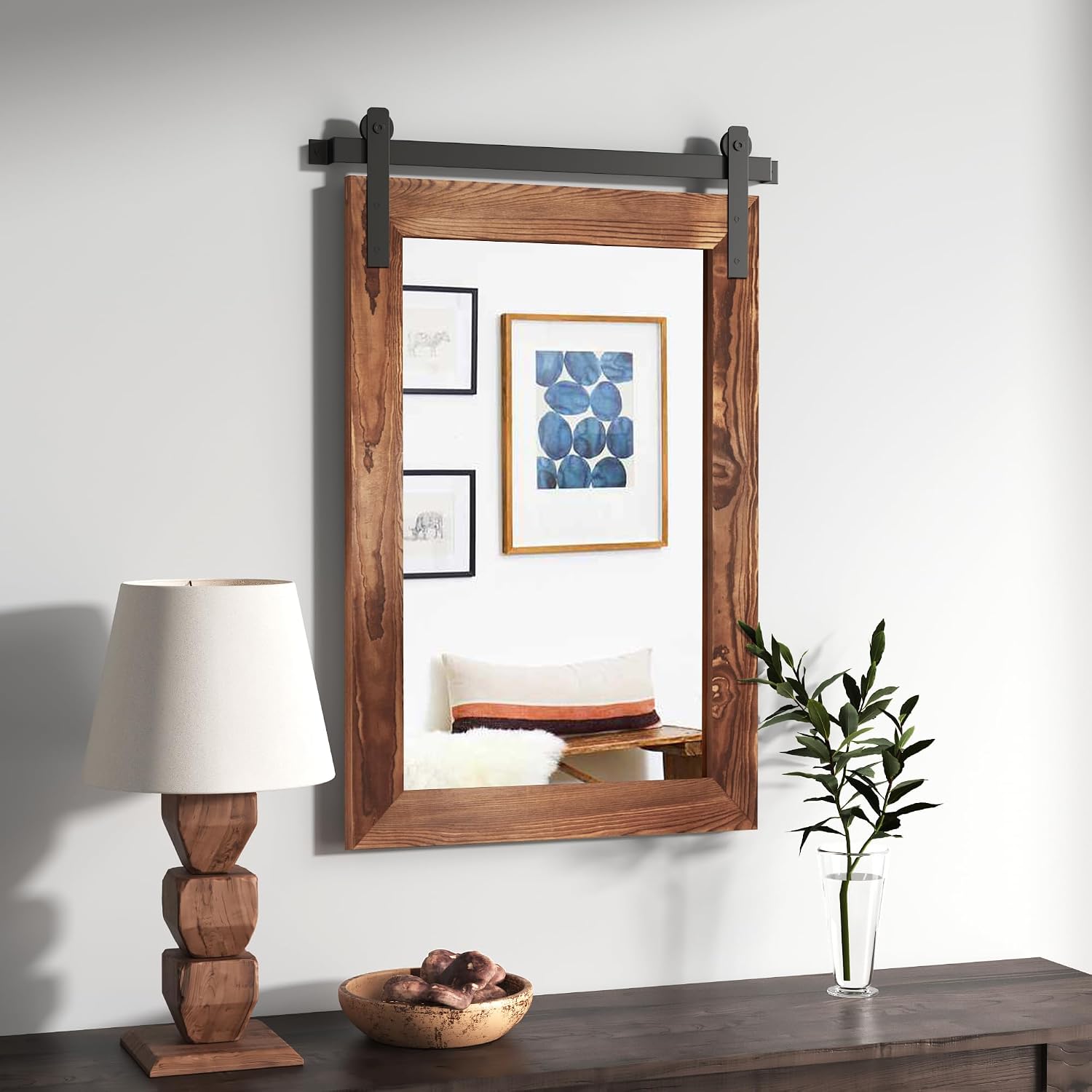 COGOOD Farmhouse Barn Door Wall Mirror - 25' X 38' Rustic Wood Framed Mirror for Bathroom, Living Room, Entryway Wall Decorative (Brown)