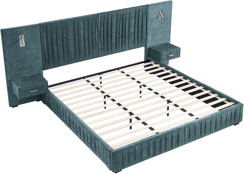 KEIKI Queen Size Chenille Bed Frame with 2 Nightstands, Lamps & Oversize Headboard, Solid Wood Frame Platform Night Stand Bedroom Set, Upholstered Floor Grounded Bed, No Box Spring Needed, Blue Green