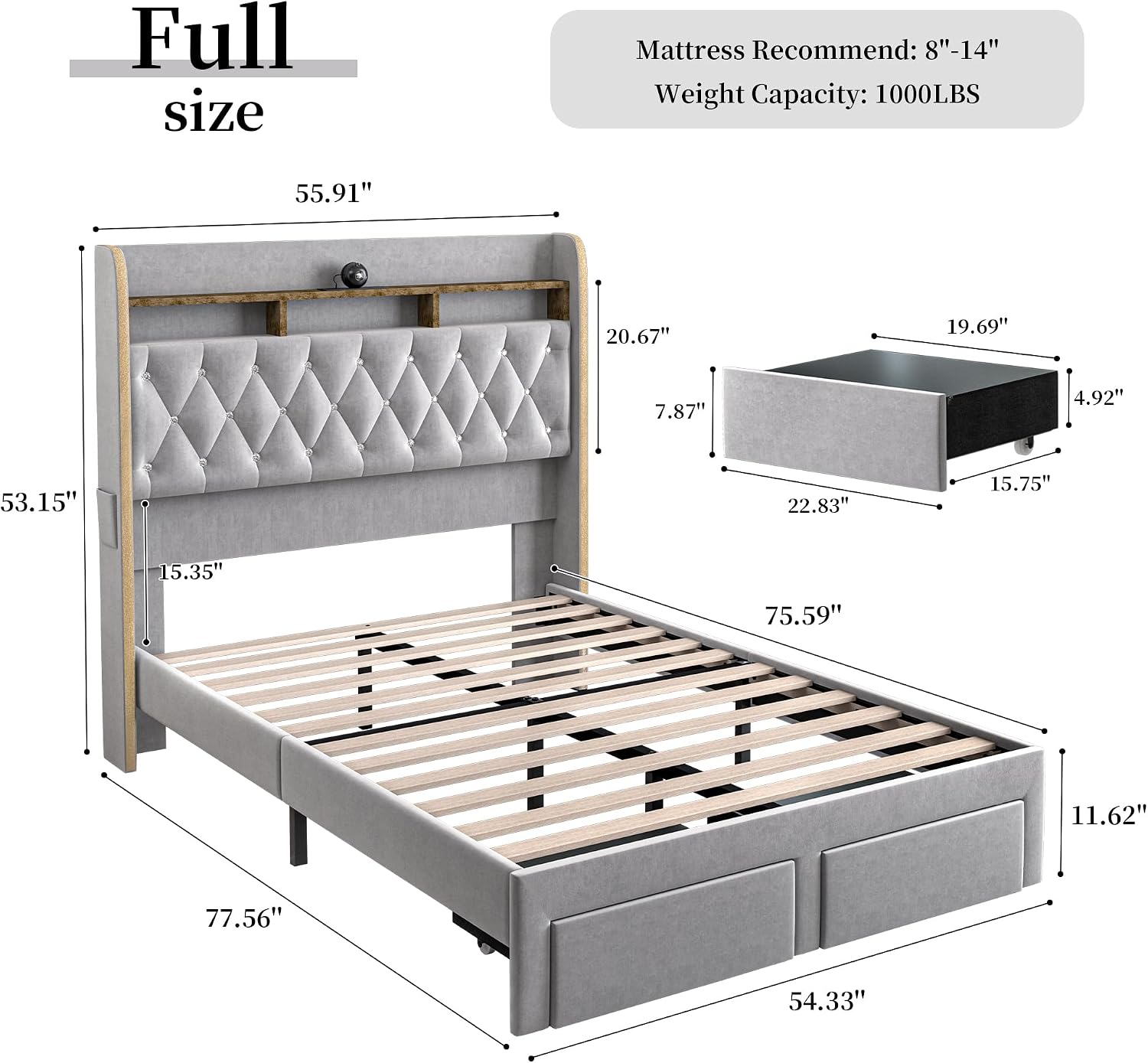 SIBEDS Full LED Bed Frame with Storage Drawers, Velvet Upholstered Platform Beds with Galaxy Star Projector Charging Station Speaker, Aurora Bedframe with 2-Tier Storage Headboard, Noise-Free, Grey
