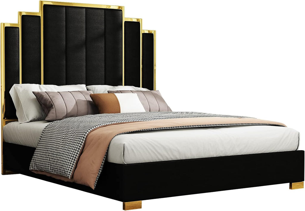 Albott Queen Size Platform Bed Frame, 61.4' Velvet Upholstered Bed with Gold Trim Headboard/Wooden Slats/No Box Spring Needed/Black
