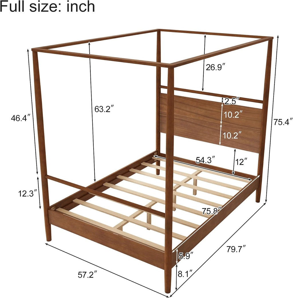Full Size Canopy Bed Frame with Headboard, Four-Poster Wood Platform Bed, No Box Spring Needed (Full)