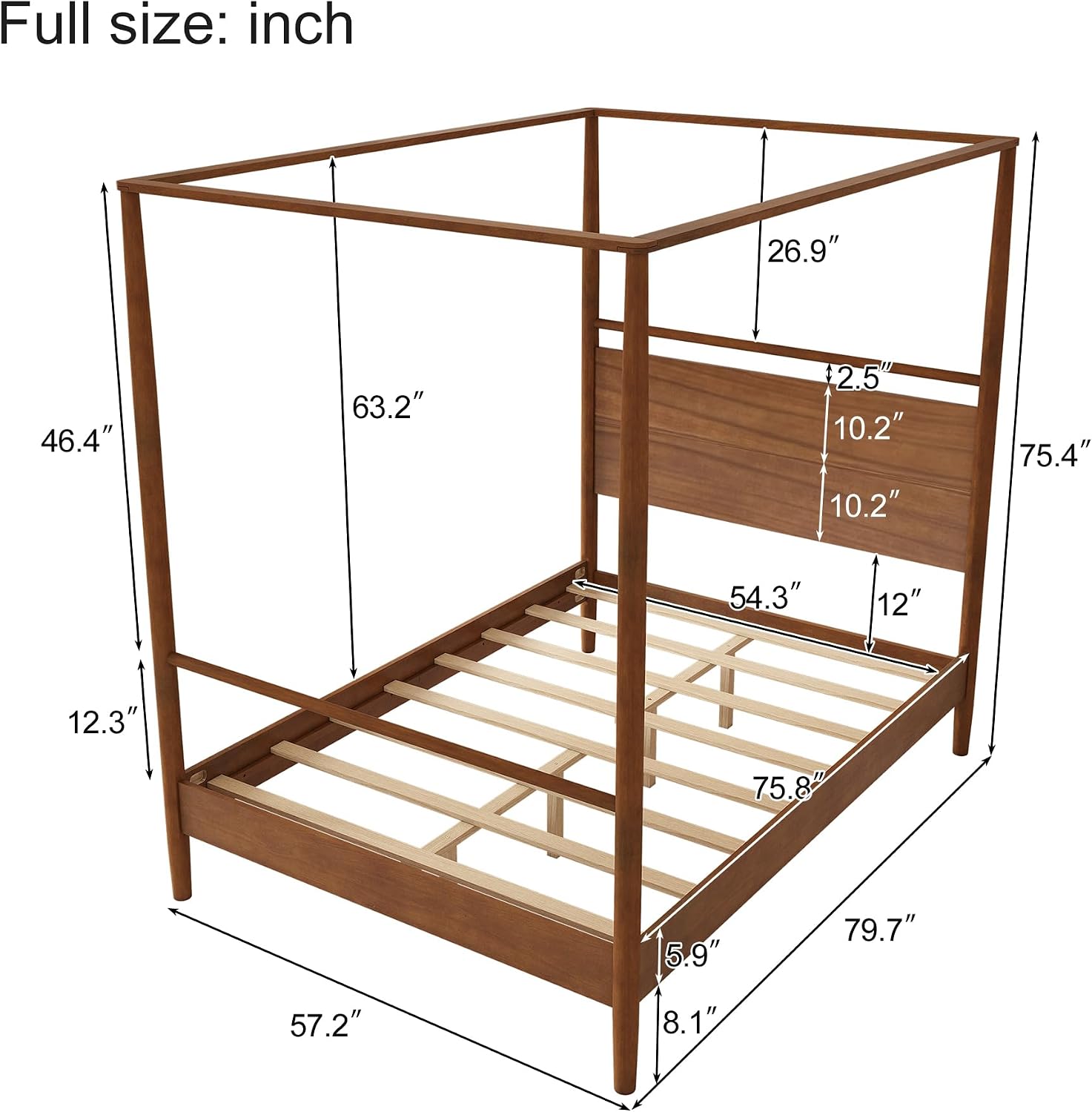 Full Size Canopy Bed Frame with Headboard, Four-Poster Wood Platform Bed, No Box Spring Needed (Full)
