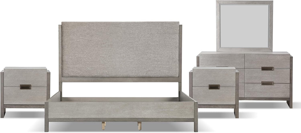 Furniture of America Burnett Solid Wood 5-Piece Bedroom Set, Queen-Size Bed with Padded Headboard, Felt-Lined Top Drawer, Stability and Durability Frame, Box Spring Required, Gray