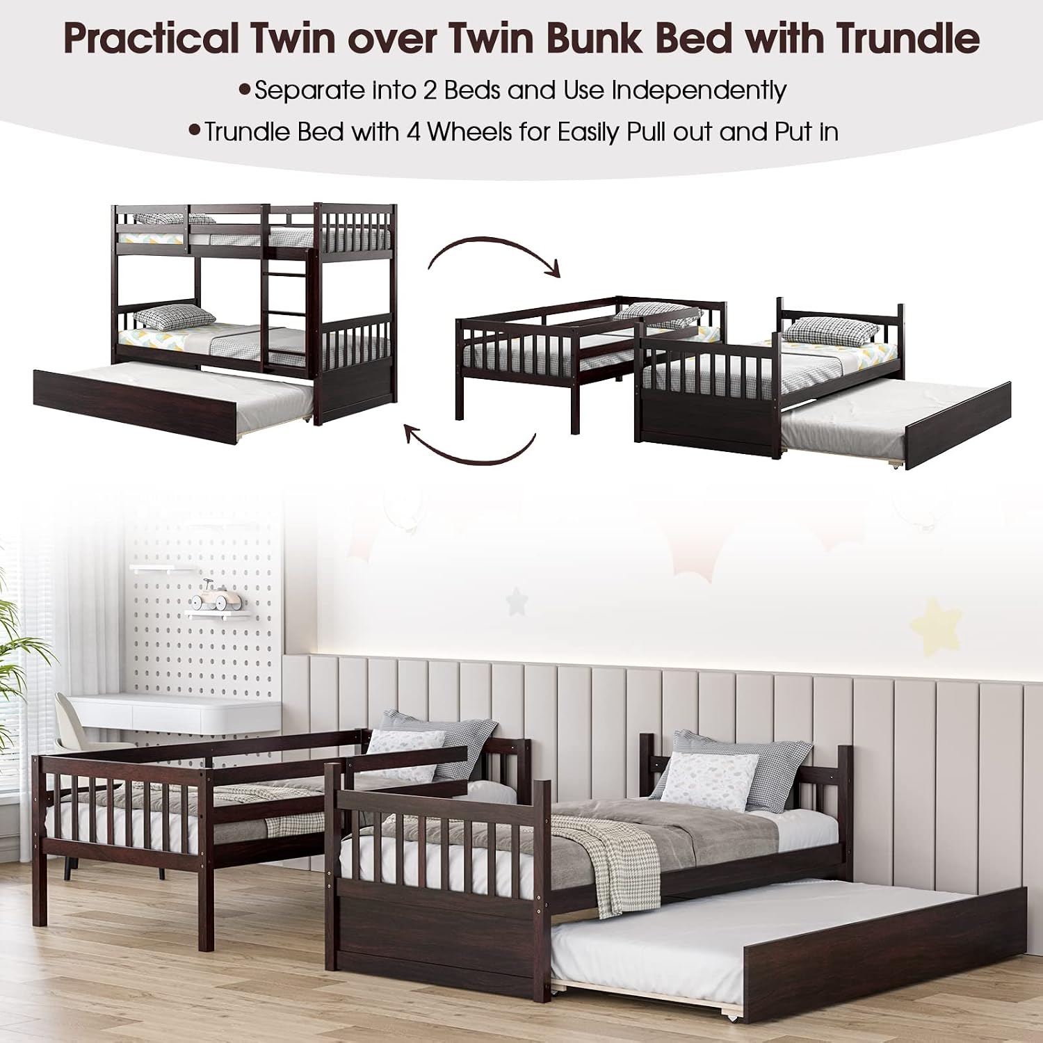 KOMFOTT Wood Twin Over Twin Bunk Bed with Trundle, Solid Pine Wood Bunk Bed Frame with Ladder & Safety Guardrails, Space-Saving Convertible Twin Bed Frame for Home & Dormitory, No Box Spring Needed