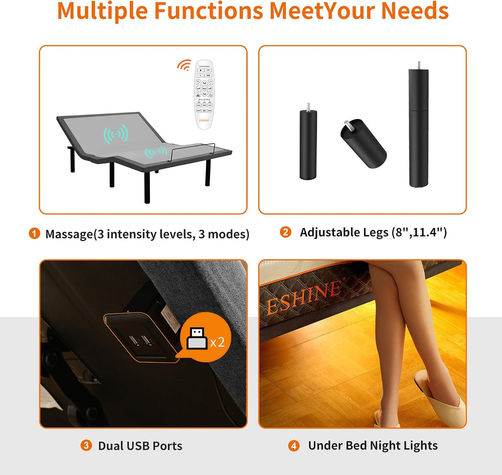 ESHINE Adjustable Bed Frame Smart Bed Queen - Quick 5 Min Installation, Electric Base with Massage, Ergonomic Foot & Head Incline, Zero Gravity, Dual USB Ports, Under Bed Light