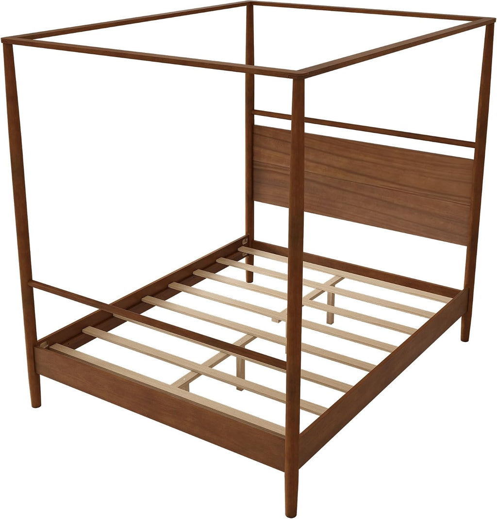 Queen Size Canopy Bed Frame with Headboard, Four-Poster Wood Platform Bed, No Box Spring Needed ﻿(Queen)