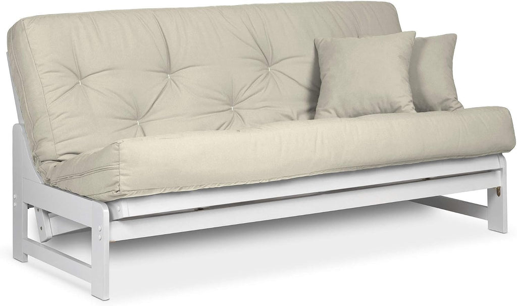 Nirvana Futons Arden White Futon Set Queen Size - Armless Futon Frame with Mattress Included (Twill Ivory), Space Saving Modern Sofa Bed Sleeper