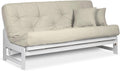 Nirvana Futons Arden White Futon Set Queen Size - Armless Futon Frame with Mattress Included (Twill Ivory), Space Saving Modern Sofa Bed Sleeper