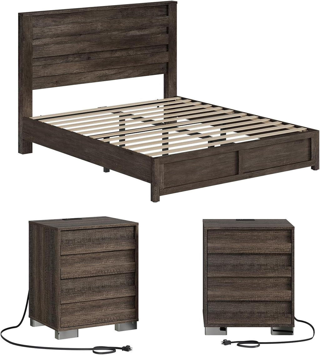 Albott 3 Piece Bedroom Set, Including Farmhouse Full Size Bed Frame with Slatted Headboard, Nightstands Set of 2 with Charging Station for Bedroom, Rustic Grey