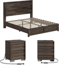 Albott 3 Piece Bedroom Set, Including Farmhouse Full Size Bed Frame with Slatted Headboard, Nightstands Set of 2 with Charging Station for Bedroom, Rustic Grey