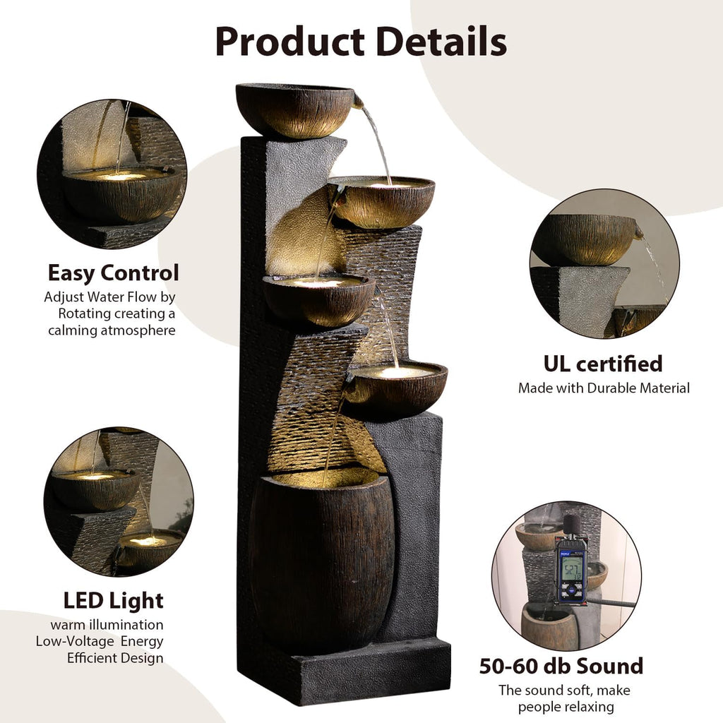 Bumilgar 51.6'' H Tall Outdoor Water Fountain, 5-Tier Resin Cascading Crock Bowls with LED Lights, Garden Water Feature and Waterfall for Porch, Deck, Patio, Yard, and Home Décor, Dark Gray