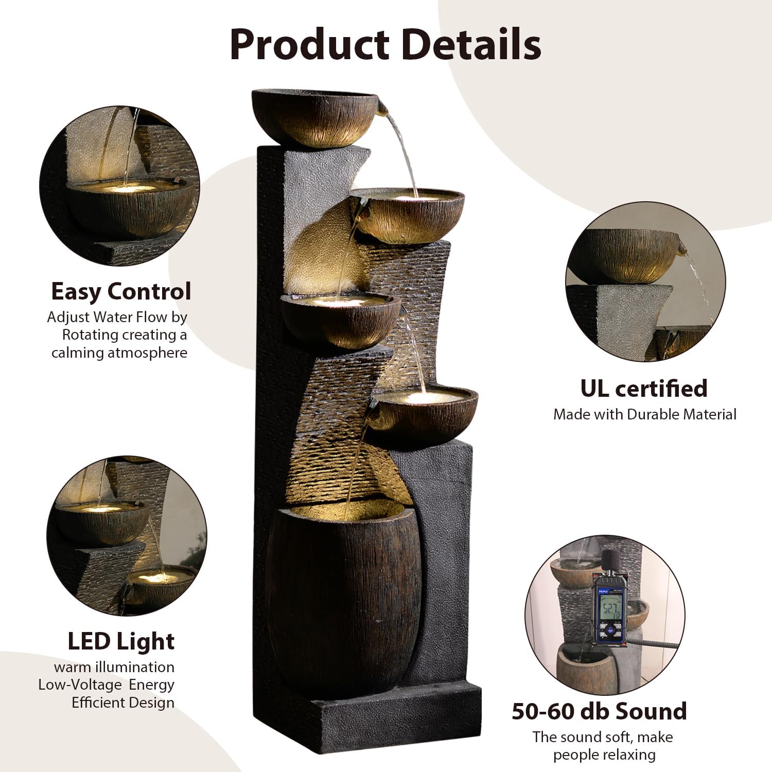 Bumilgar 51.6'' H Tall Outdoor Water Fountain, 5-Tier Resin Cascading Crock Bowls with LED Lights, Garden Water Feature and Waterfall for Porch, Deck, Patio, Yard, and Home Décor, Dark Gray