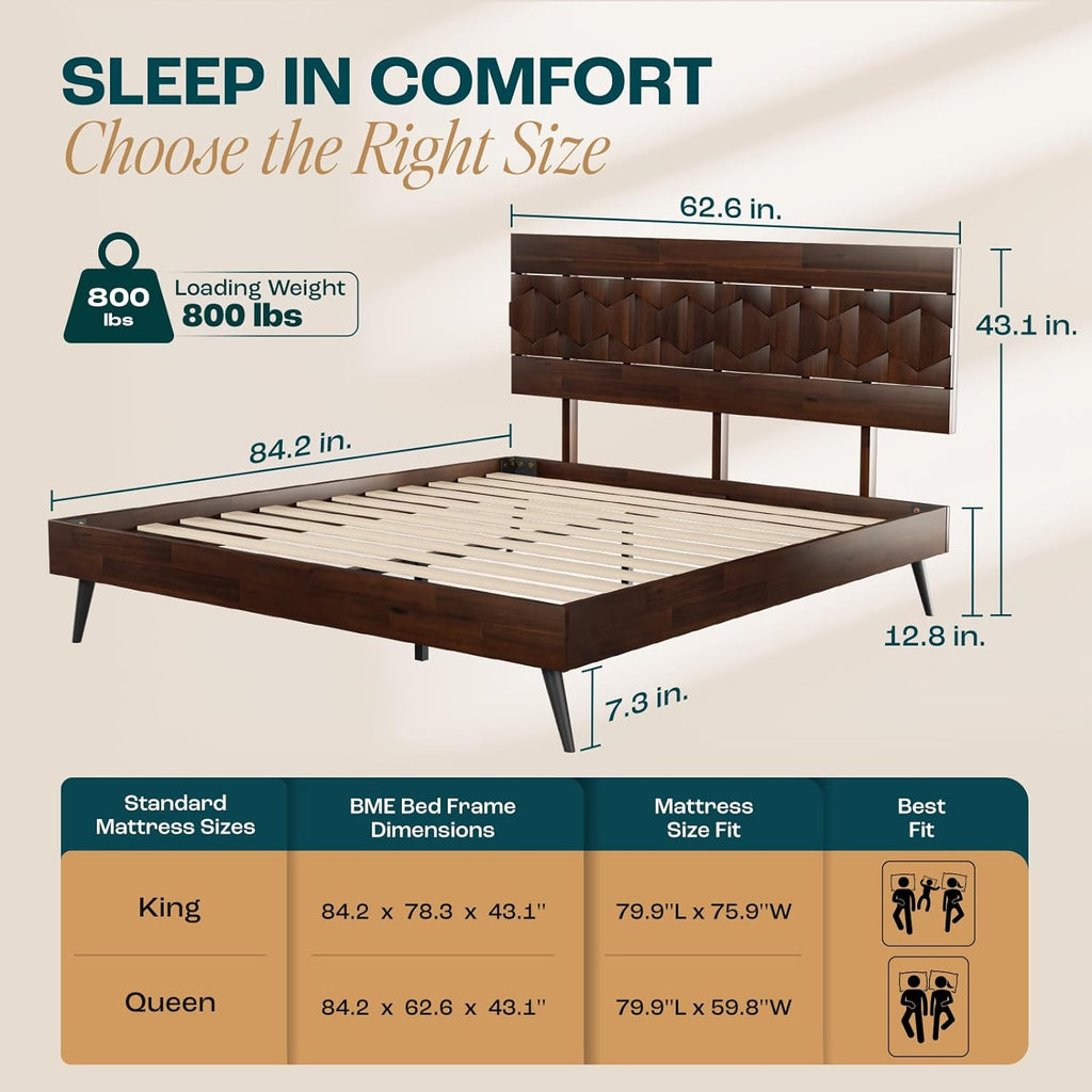 Bme Georgina Signature Bed Frame with Handcrafted Geometric Headboard, Mid Century Modern, Solid Acacia Wood, No Box Spring Needed, 12 Strong Wood Slats Support, Easy Assembly, Walnut, Queen