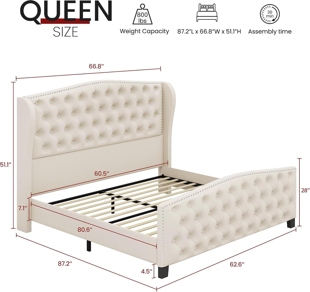 BRELTAM Upholstered Queen Size Bed Frame Velvet Beige Tufted Platform Bed Frame with Wingback Headboard & Footboard, with Deep Button Tufted & Nailhead Wooden Slats Support, No Box Spring Needed