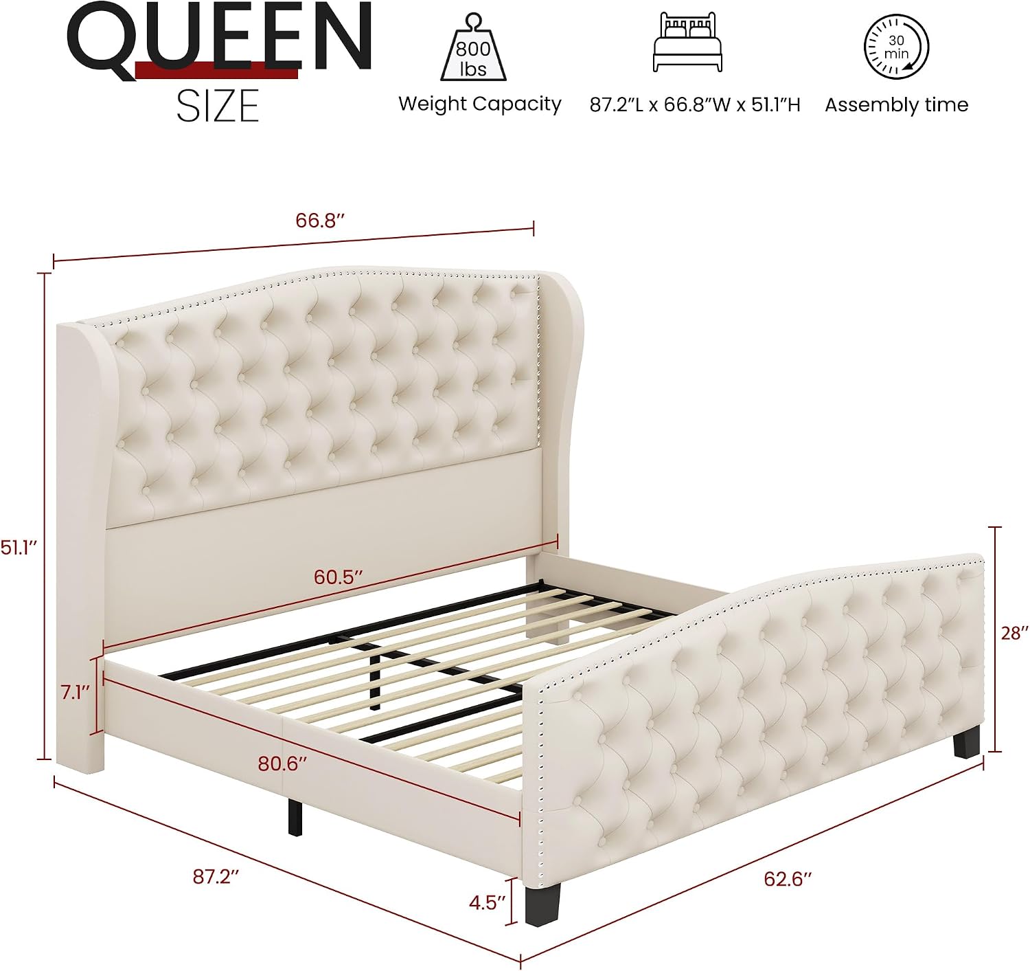 BRELTAM Upholstered Queen Size Bed Frame Velvet Beige Tufted Platform Bed Frame with Wingback Headboard & Footboard, with Deep Button Tufted & Nailhead Wooden Slats Support, No Box Spring Needed