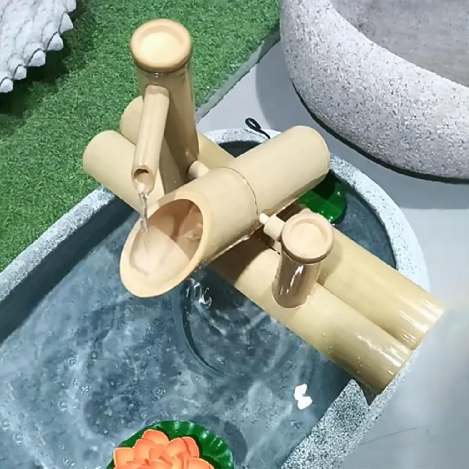 Japanese Bamboo Water Fountain Kit, Zen Garden Waterfeature with Pump and Water Spoon, Split-Resistant Bamboo, Indoor Outdoor Zen Garden Water Features