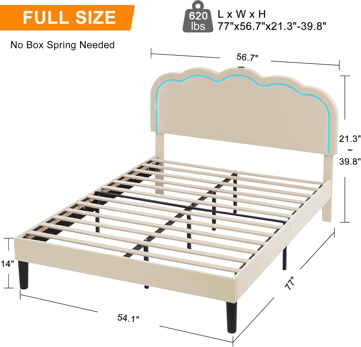VECELO Upholstered Full Bed Frame with Headboard Adjustable, LED Lights, USB-A & Type-C, Velvet Platform Bed Noise Free, Mattress Foundation with Wooden Slats, No Box Spring Needed, Beige