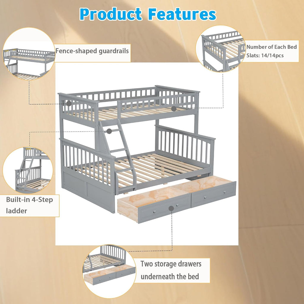Harper & Bright Designs Convertible Wood Twin Over Full Bunk Bed with 2 Storage Drawers and Ladder - Can Be Divided Into Two Daybeds, Grey