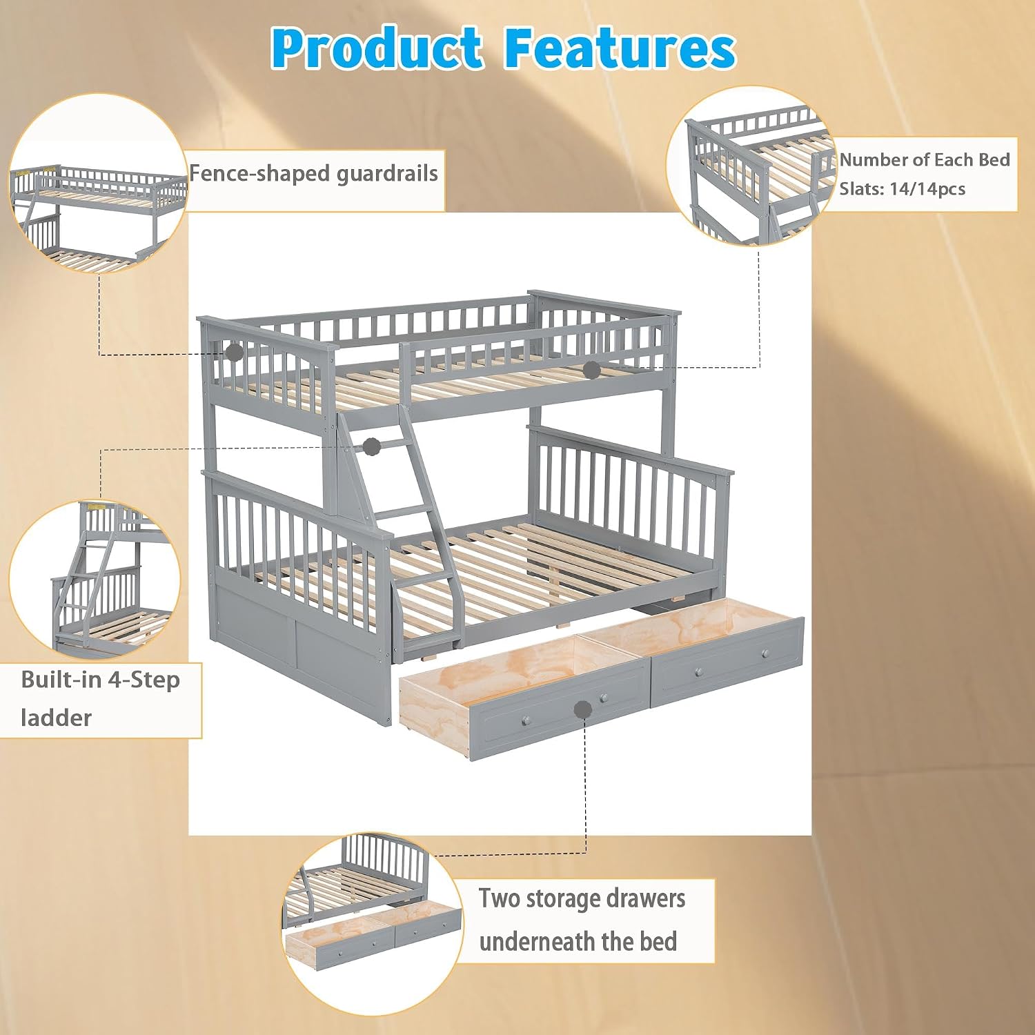 Harper & Bright Designs Convertible Wood Twin Over Full Bunk Bed with 2 Storage Drawers and Ladder - Can Be Divided Into Two Daybeds, Grey
