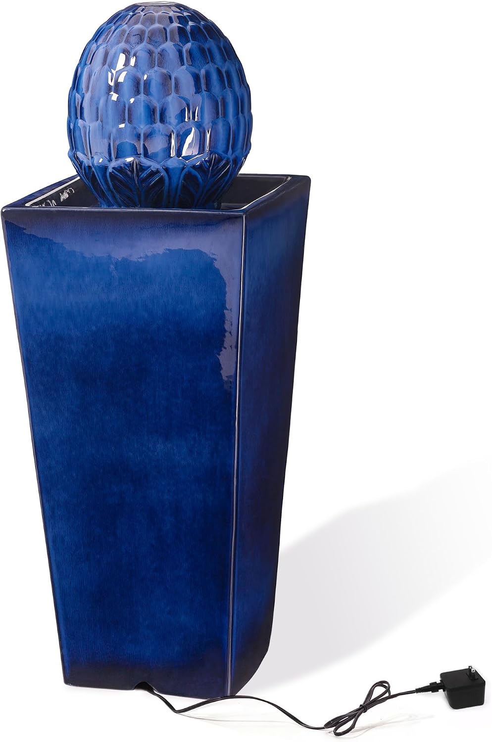 Glitzhome Water Fountain Outdoor with LED Light, Oversized Ceramic Pedestal Garden Fountains Outdoor, Artichoke Outdoor Fountains and Waterfalls Water Feature, Cobalt Blue, 35.75' H