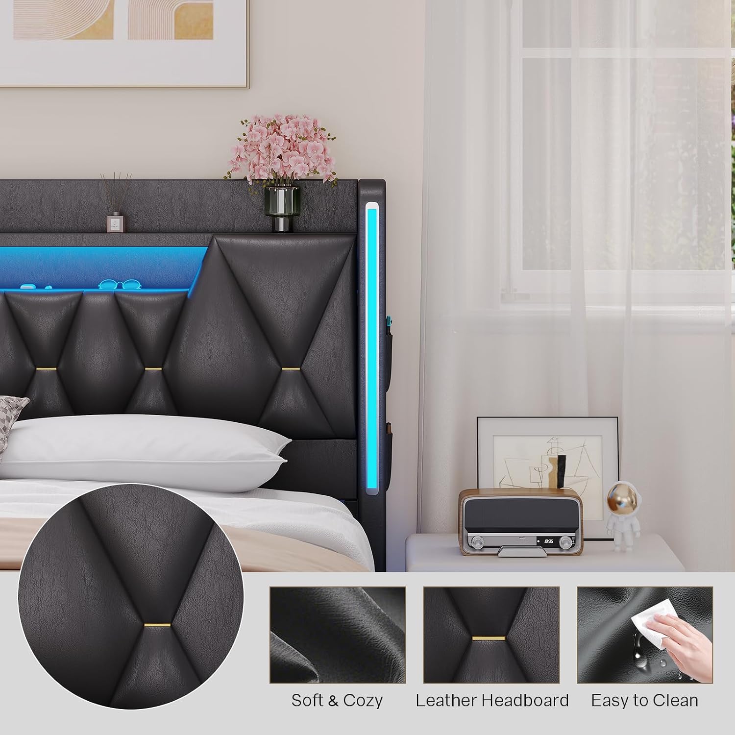 Dnxao King Size Floating Bed Frame with Storage Headboard, Tall 44' Upholstered Platform Bed with Charging Station, Dual-Zone LED Lights, No Box Spring Needed, PU Black