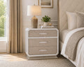 First of a Kind Nightstand Modern Glam Wood Bedside Table Dior Collection Two Tone Finish Elegant Design Bedroom Nightstand Sleek Structured Detailing Coordinated Furniture Piece