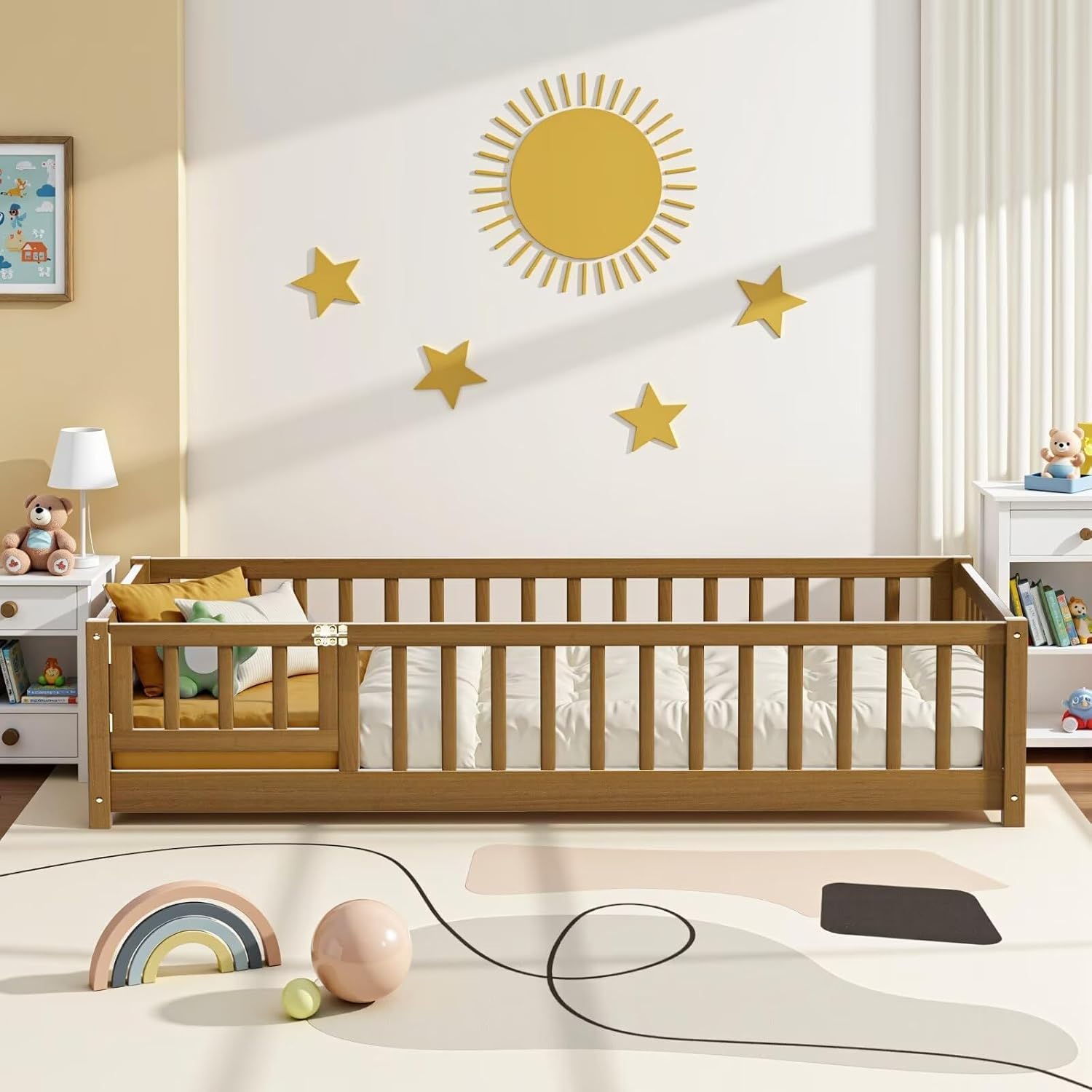 i-POOK Twin Floor Bed Frame with Wood Slats, High Fence & Small Door, Pinewood Montessori Floor Bed for Girls and Boys,Light Espresso