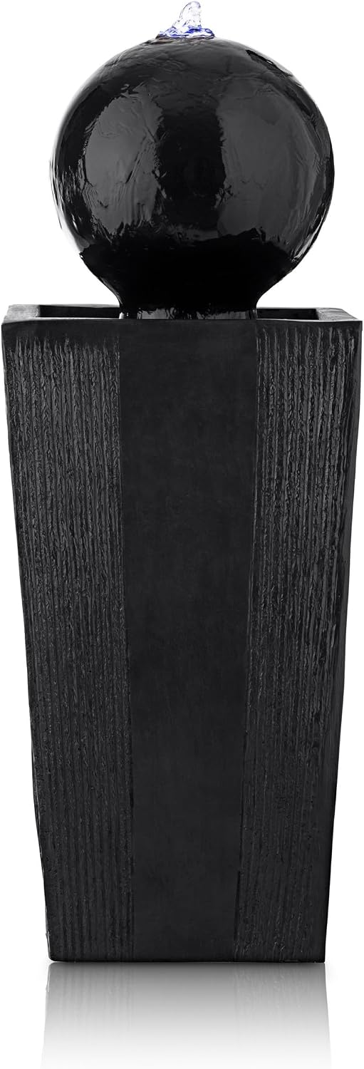 Alpine Corporation GIL786 Outdoor Floor Modern Sphere and Pedestal Soothing Waterfall Fountain for Garden 33', Black