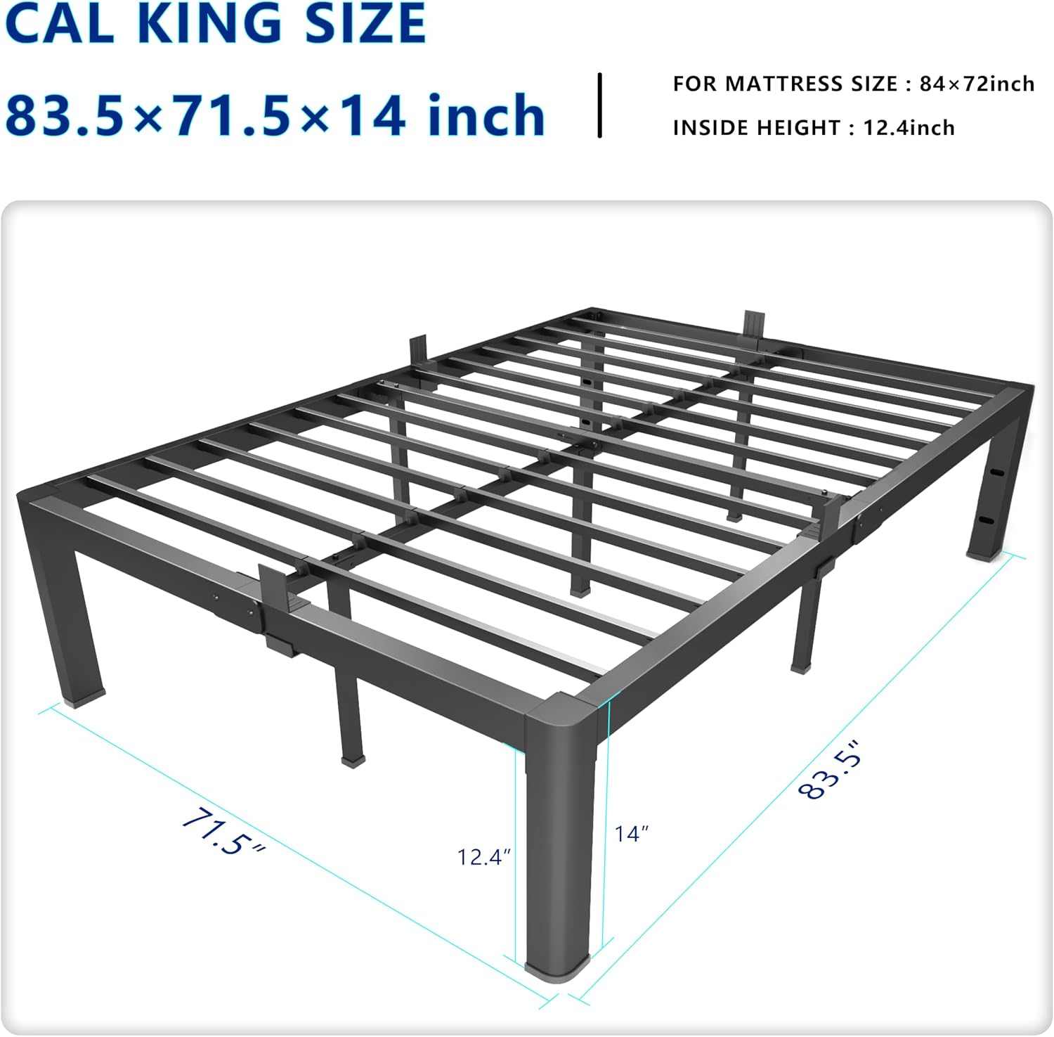 yookare Calking Platform Bed Frame,14' Heavy Duty Metal Mattress Foundation, Rounded Safety Corners & Recessed Legs,Mattress Retainers,Easy Assembly,Noise Free Steel Slat Support,No Box Spring Needed