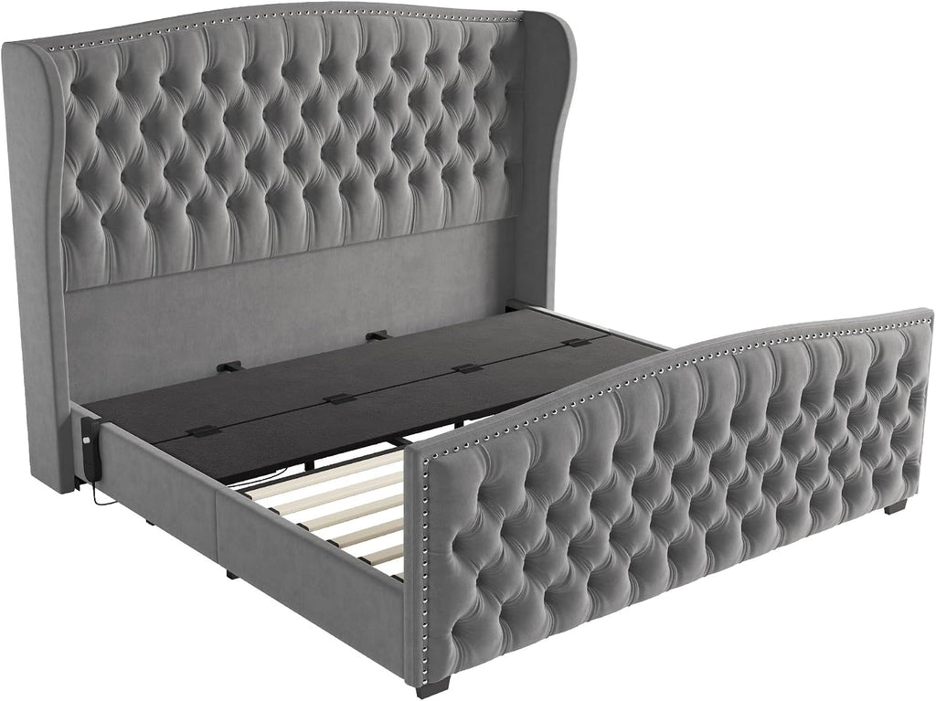 AMERLIFE 51' H Queen Size Adjustable Bed Frame with Velvet Upholstered and Deep Button Tufted Headboard, Electric Bed with Dual Motor/Nailhead Trim Wingback, No Box Spring Needed, Grey