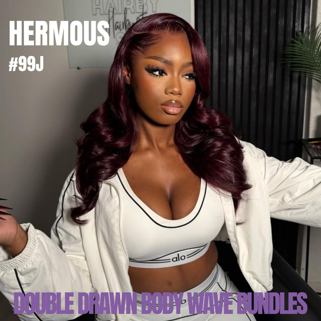 Double Drawn Dark Burgundy Human Hair Bundles with 4x4 Lace Closure, 13A 100% Raw Hair Body Wave #99J Wine Red Colored 3 Bundles with HD Transparent Lace Free Parting 10 12 14 + 10 Inch