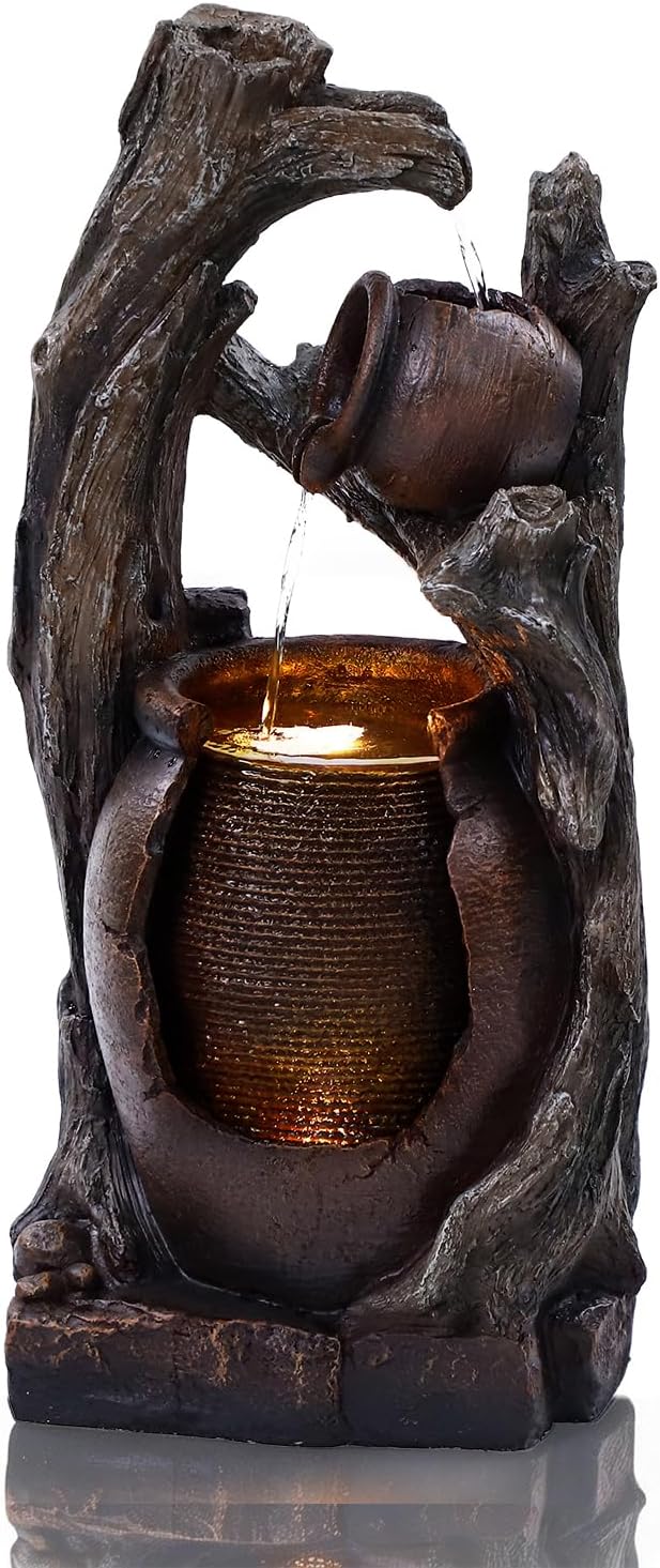 32' H Outdoor Water Fountain, Rustic 2-Tier Clay Pot Water Fountain and Waterfalls with 2 Warm LED Lights, Natural Feature Garden Fountains for Patio, Backyard, Deck, Porch, Home Decor