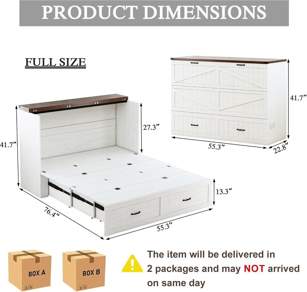 Full Size Murphy Bed with Charging Station and Large Drawer, Farmhouse Cabinet Bed with Storage, Multifunctional Wood Hidden Folding Bed Frame for Bedroom, White