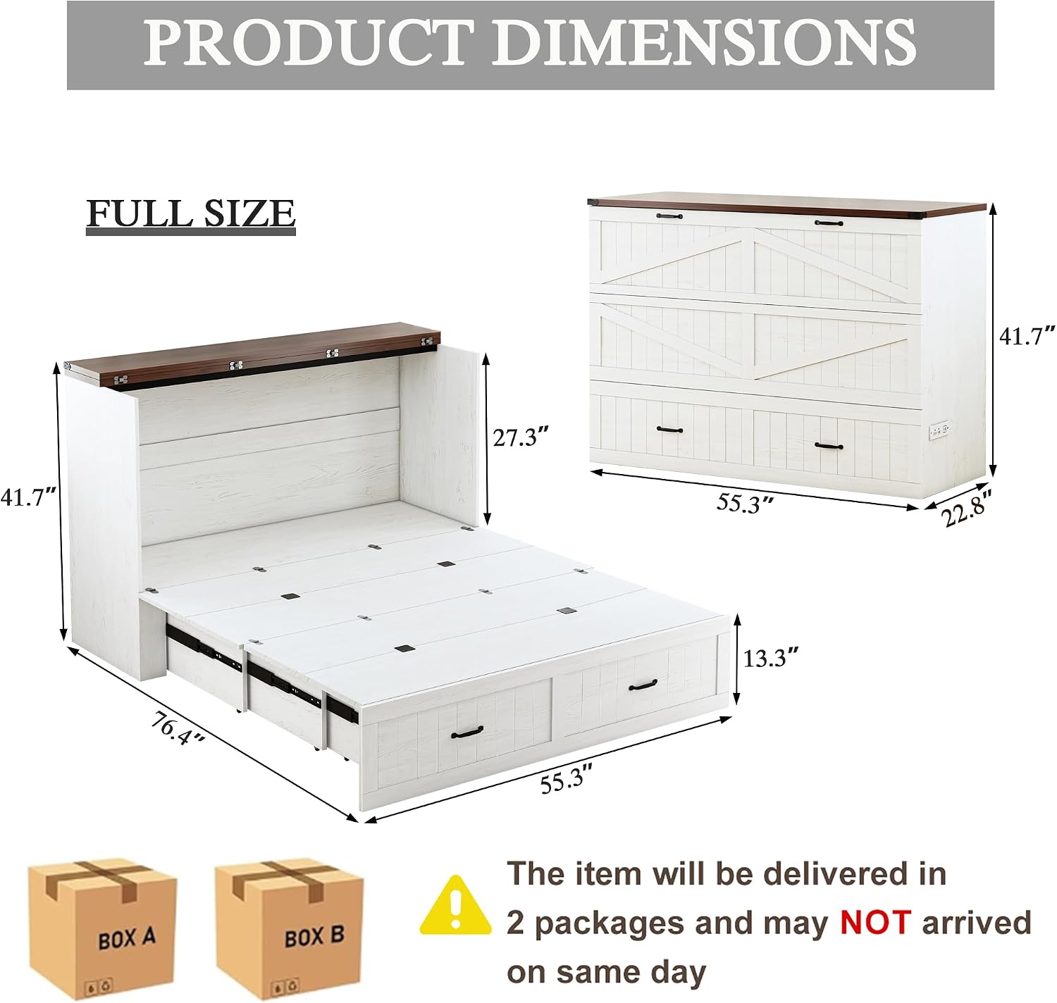 Full Size Murphy Bed with Charging Station and Large Drawer, Farmhouse Cabinet Bed with Storage, Multifunctional Wood Hidden Folding Bed Frame for Bedroom, White