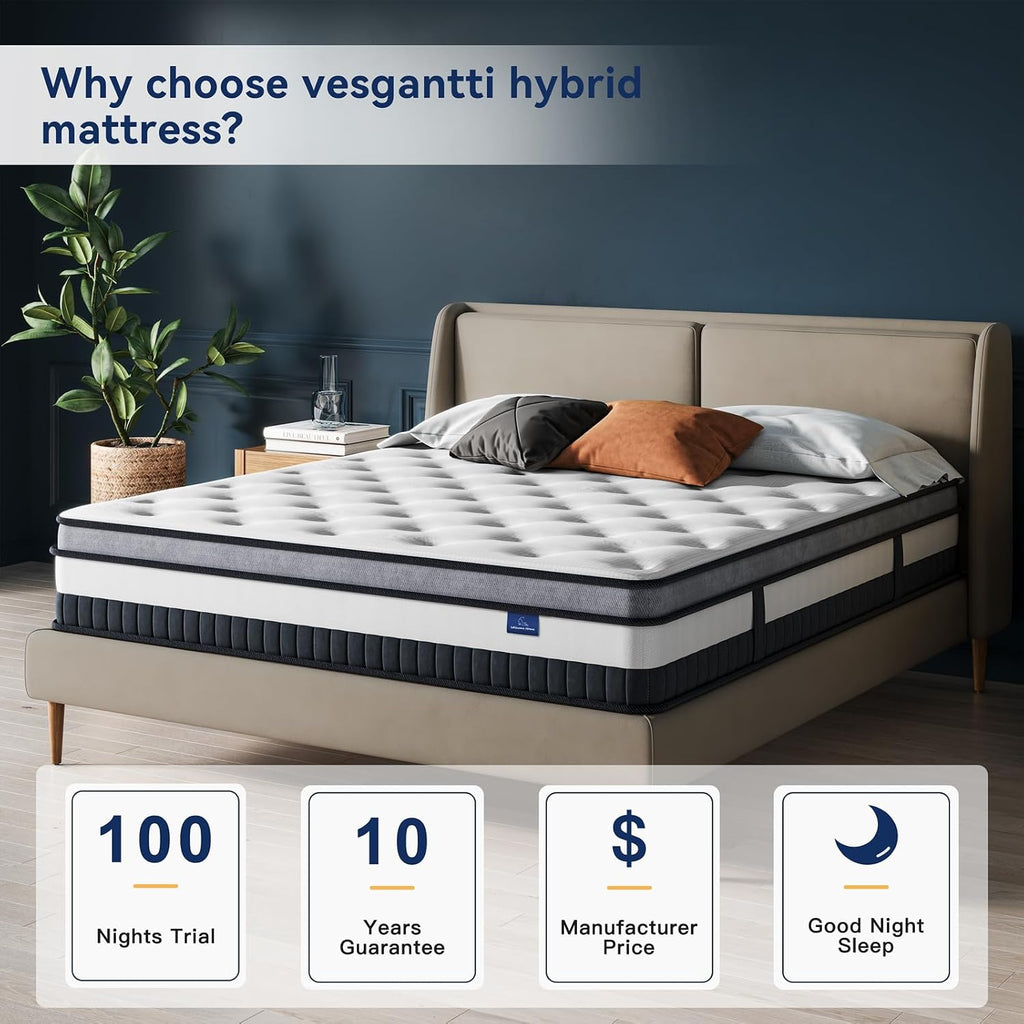 Vesgantti Full Mattress 10 Inch Innerspring Multilayer Hybrid Full Size Mattress - Ergonomic Design with Memory Foam and Pocket Spring Mattresses Full Size - Box Top Series Medium Firm Feel