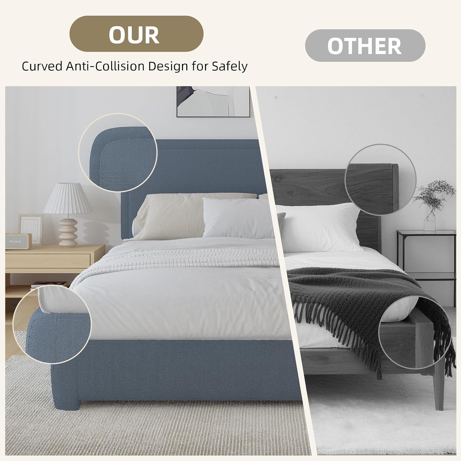 BarnFurin Queen Bed Frame with Headboard, Boucle Upholstered Platform Bed Frame, Luxurious Soft Rounded Corners, No Box Spring Required, Non-Slip and Noise-Free, Easy Assembly, Blue