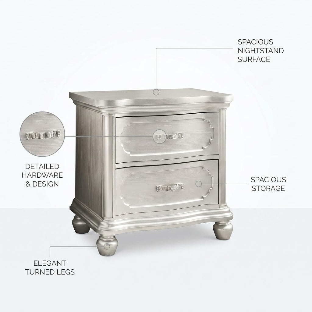 First of a Kind Silver Wood Traditional Nightstand with Drawers and Carved Design - 28-Inch Wide Bedside Table, Classic European Style Bedroom Furniture