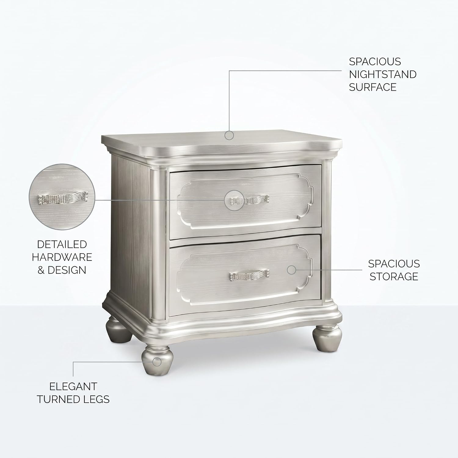 First of a Kind Silver Wood Traditional Nightstand with Drawers and Carved Design - 28-Inch Wide Bedside Table, Classic European Style Bedroom Furniture