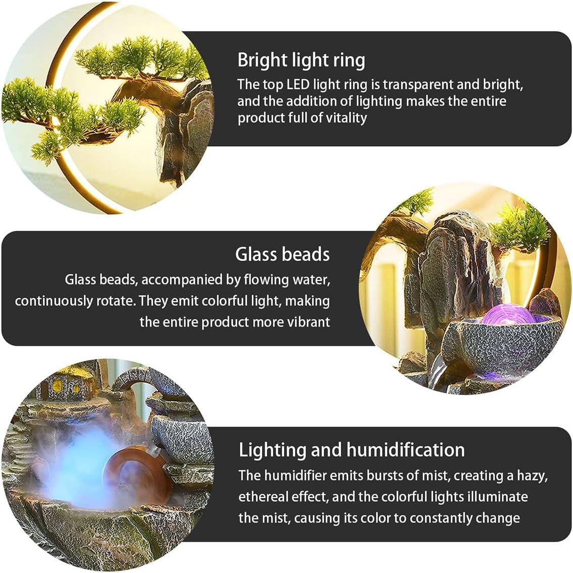 Indoor Water Fountain Tabletop Waterfall, Table Fountain, Tiered Cascade Design with LED Lights, for Home Office Bedroom Relaxation Decor(14.6x8.7x18in)
