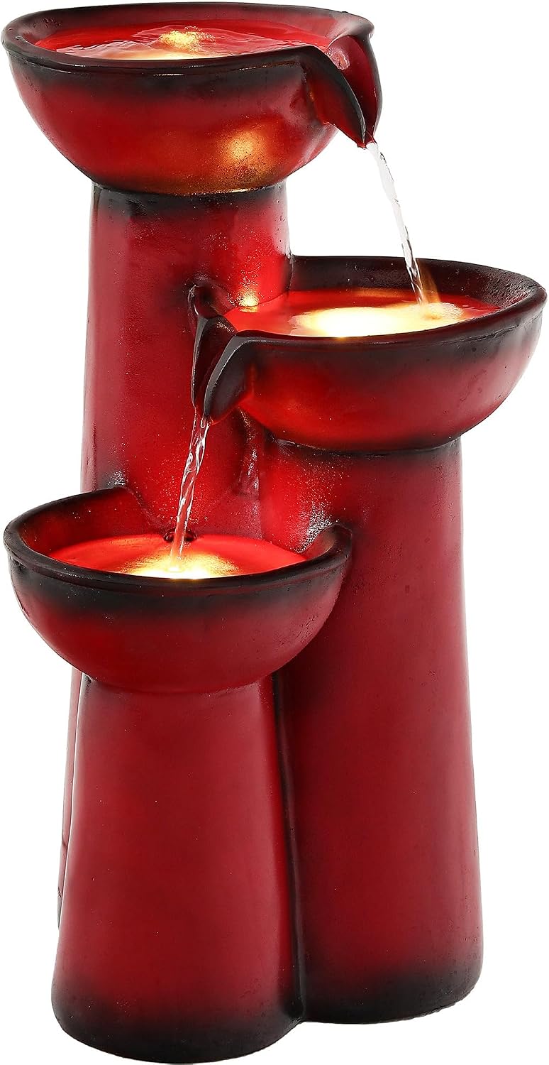27' Outdoor Water Fountain with LED Lights, 3-Tier Cascading Faux Ceramic Column Water Feature with Pump for Garden Patio Backyard, Weather-Resistant Resin Waterfall for Serene Oasis, Red