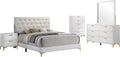 Benzara Dle 5 Piece Queen Bedroom Set, White Faux Leather, Modern Gold Accents