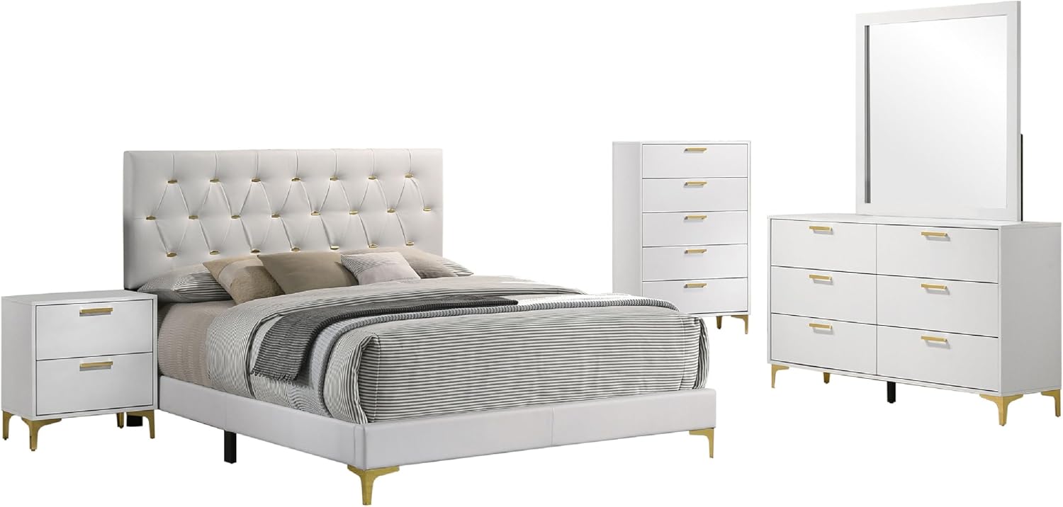 Benzara Dle 5 Piece Queen Bedroom Set, White Faux Leather, Modern Gold Accents