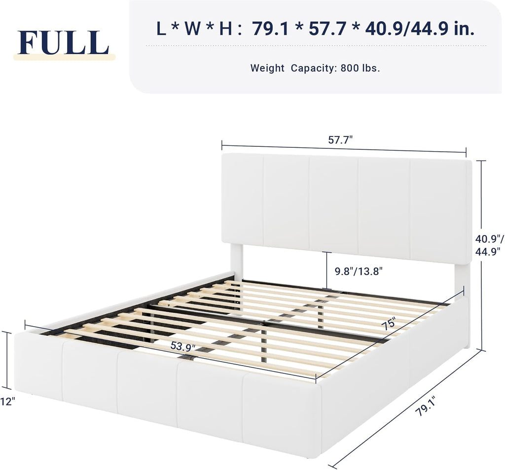 Allewie Full Size Dutch Velvet Upholstered Platform Bed Frame/Vertical Channel Tufted Adjustable Headboard/Low Profile Bed Frame/No Box Spring Needed/Easy Assembly/White