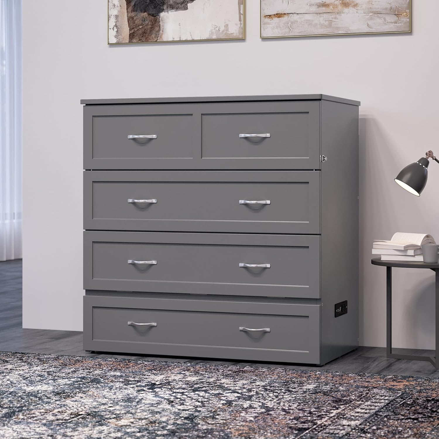 AFI, Northfield Murphy Bed Chest Twin XL with 6' Mattress, Storage Drawer & Built-in USB Charger, Grey