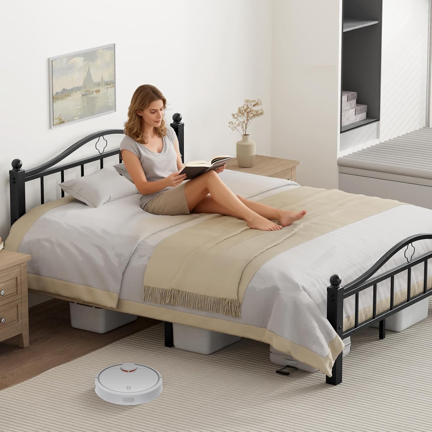 Metal Queen Bed Frame with Headboard, 1500lb No Squeak Platform, 12' Underbed Storage, Tool-Free 30-Min Assembly, No Box Spring Needed, Black