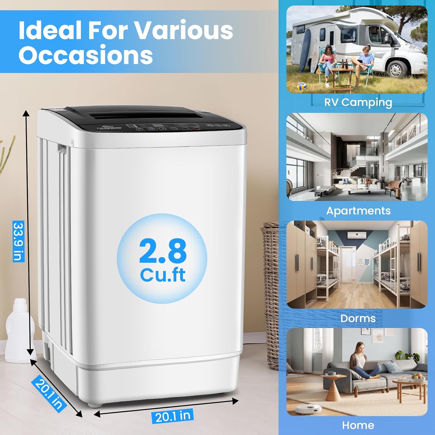 Nictemaw 20 lbs Portable Washer, 2.8 Cu.ft Fully Automatic Washing Machine with Dual Hot/Cold Inlets, 4 Wash Programs, 4 Water Levels & Drain Pump, Compact Laundry Washer for Apartment, RV, Dorm