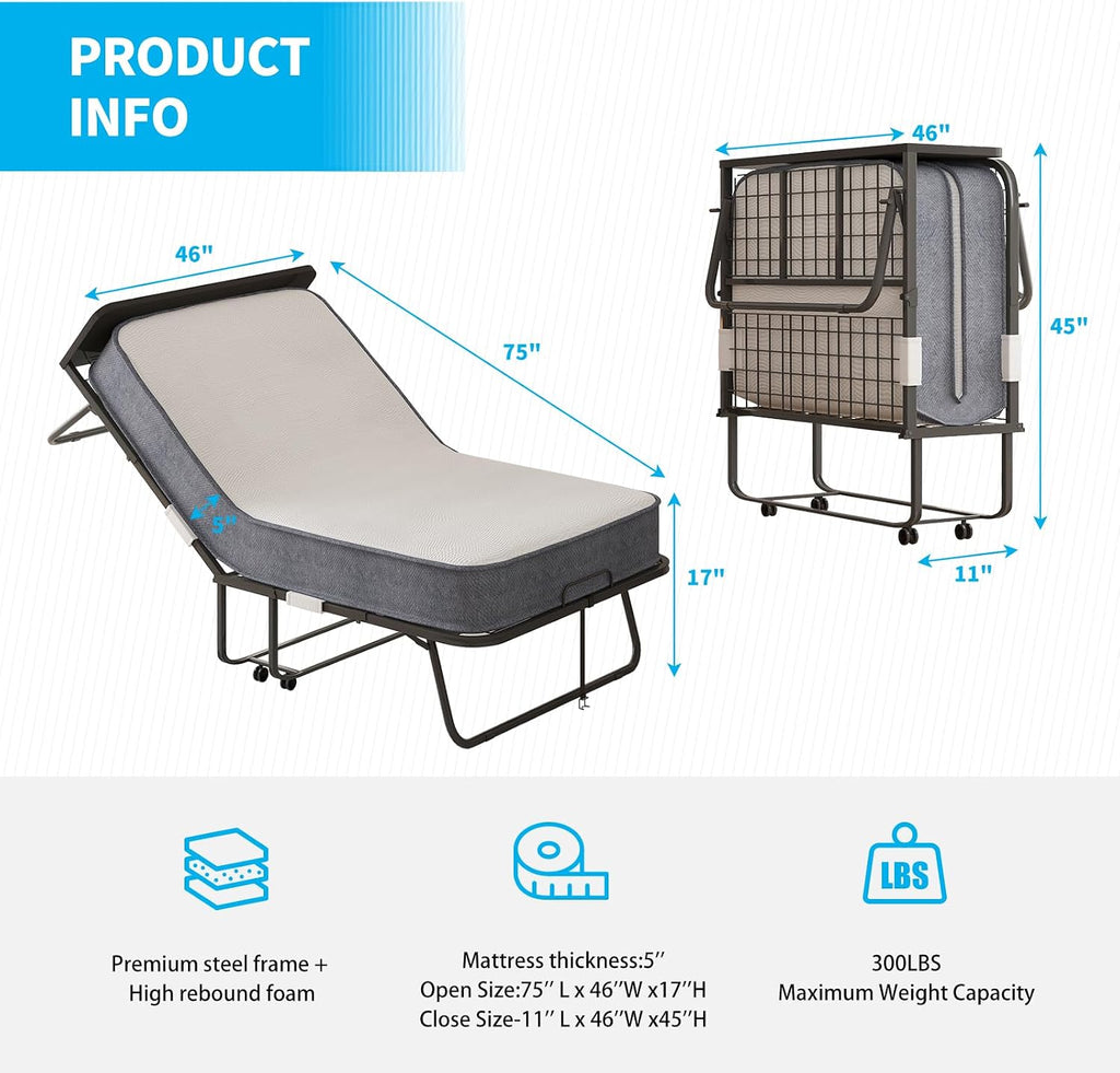 Rollaway Bed with Mattress for Adults, Single Folding Bed with 5'' Mattress, Portable Foldable Beds Fold up Guest Beds with Dustproof Bag & Baffle (Upgrade with Cover)