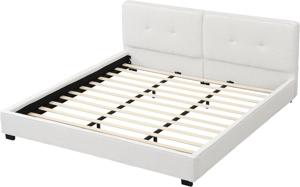 JIVOIT King Size Platform Bed, Boucle Upholstered Platform Bed with Curved Tufted Headboard, Soft Square Corners, Wood Slats Support, No Box Spring Needed